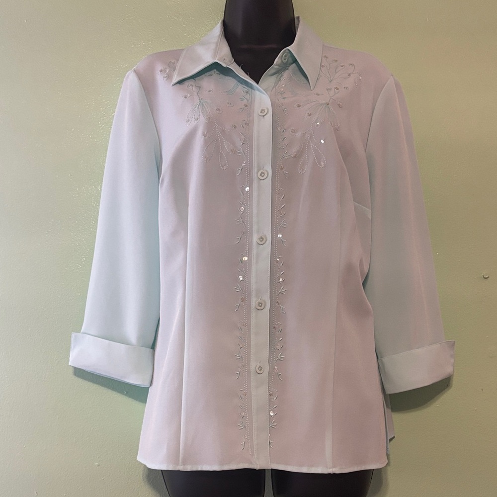 Chic Embroidered Turquoise Button Down Blouse. Of… - image 1